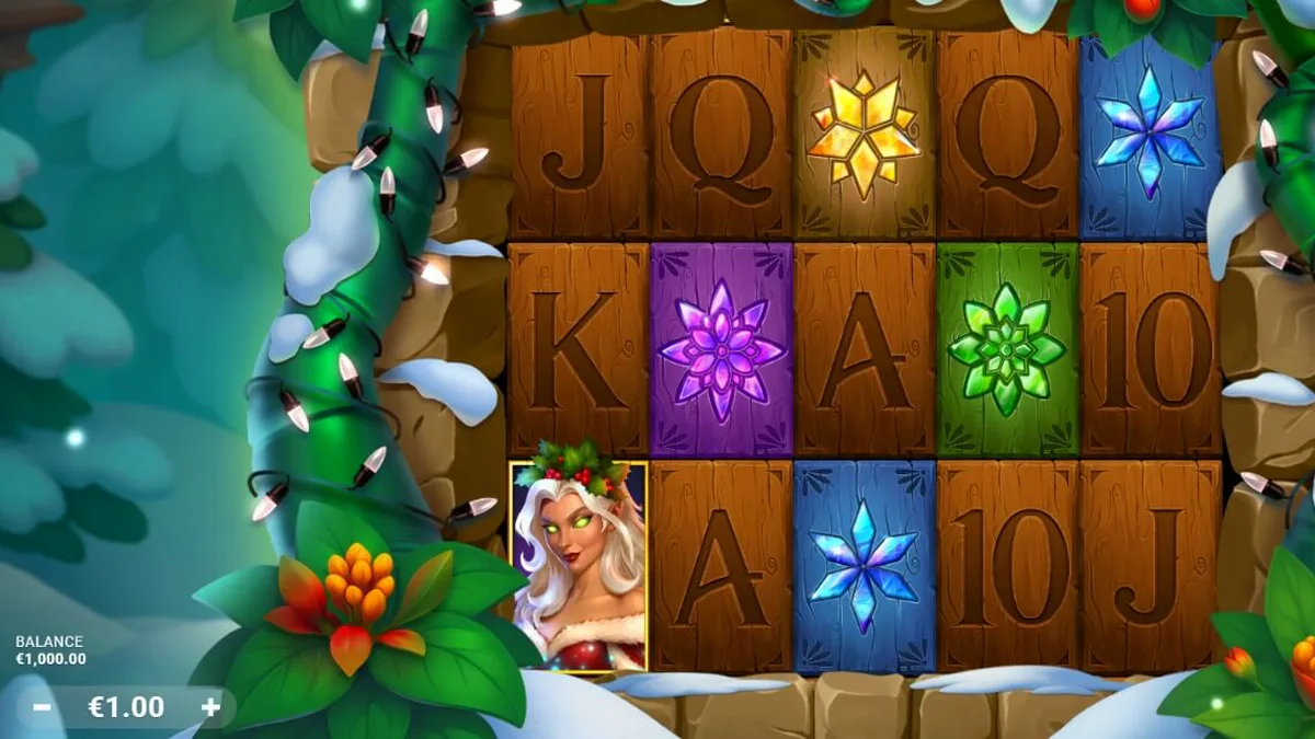 Tampilan visual slot Holly dengan tema hutan musim dingin yang penuh dengan salju dan lampu peri.